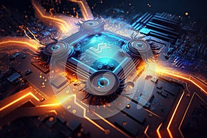 Core of artificial intelligence, processor and magic light inside machine, generative AI