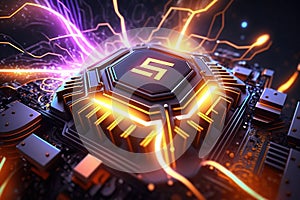 Core of artificial intelligence, processor and magic light inside machine, generative AI