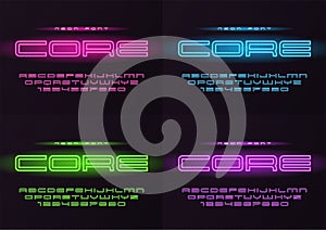 Core glowing vector neon futuristic font, typeface, alphabet, le