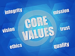 Core values and business concept words in hexagons