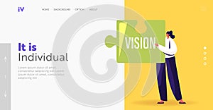 Core Values Concept for Landing Page Template. Tiny Businesswoman Hold Huge Puzzle with Vision Basic Business Principle