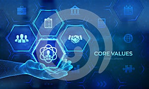 Core Values icon in wireframe hand. Responsibility Ethics Goals Company concept on virtual screen. Core values infographic. Vector