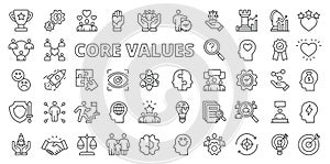 Core values icons in line design. Growth, business, icons, infographic, focus, creativity, gear, core, optimism, goal