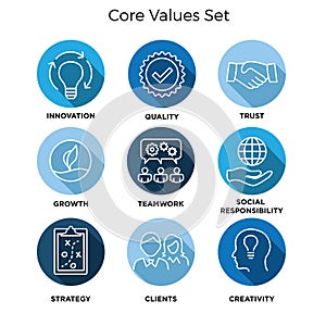 Core Values - Mission, integrity value icon set with vision, hon