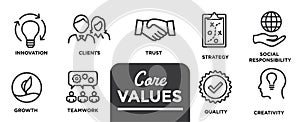 Core Values - Mission, integrity value icon set with vision, hon photo