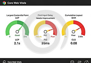Core Web Vitals report showing three metrics with indicator dials. The Largest Contentful Paint