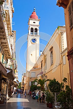 CORFU-AUGUST 24: The Saint Spyridon Church bell tower in Kerkyra on August 24,2014 on the island of Corfu, in Greece.