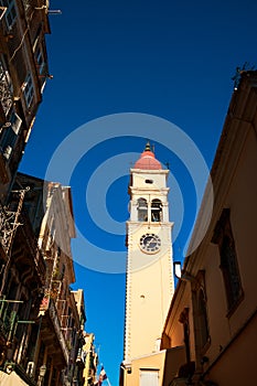 Corfu-City ,Greece vacation.Bell tower of the Saint Spyridon Church, summer holidays in corfu. europe trip. Ols city