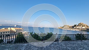 corfu city view to the sea ship boats yatches castle greece