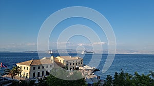 corfu city view to the sea ship boats yatches castle greece