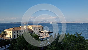 corfu city view to the sea ship boats yatches castle greece