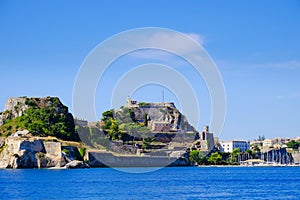 Corfu fortress walls as seen from the sea panoramic shot.