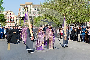 CORFU, GREECE - APRIL 7, 2018: Epitaph and litany of St. Spyridon with the accompaniment of philharmonics on Holy Saturday