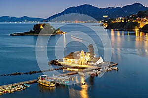 Corfu Greece Vlachernon Vlacherna church Kanoni island night traveling sea