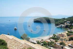 Corfu island, Greece, Beautiful bay with beach in Kalami village, Panoramic top view of beautiful mediterranean landscape