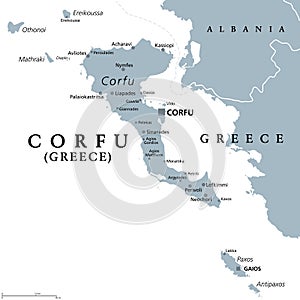Corfu, island of Greece, part of Ionian Islands, gray political map