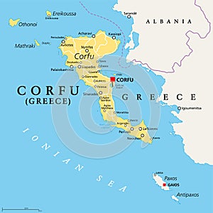 Corfu, island of Greece and part of Ionian Islands, political map