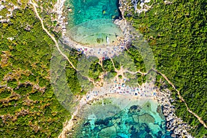 Corfu Island iconic image. Aerial drone view of Porto Timoni beach in Corfu. Ionian sea, Greece