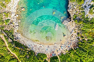 Corfu Island iconic image. Aerial drone view of Porto Timoni beach in Corfu. Ionian sea, Greece