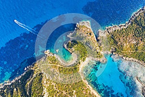 Corfu Island iconic image. Aerial drone view of Porto Timoni beach in Corfu. Ionian sea, Greece