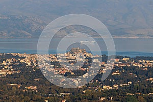 Corfu island view from Kaiser's Throne observation deck lookout, Pelekas village, Greece, Kaiser William II summit