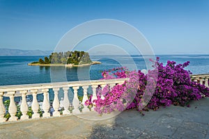 Corfu, Kerkyra view from the coast at the Pantokrator church on the island of Pontikonisi