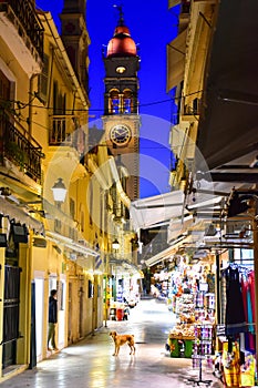 Corfu old town (Kerkyra) city streets by night.