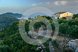 Corfu, a small town built in the mountains between the trees, panorama from the Kaiser throne vantage point