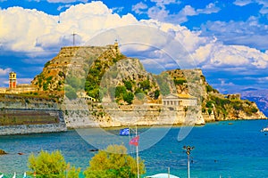 Corfu town coastline and Old fortress Ionian Sea bay Greece