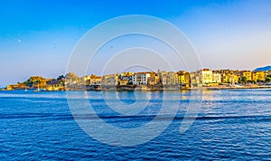 Corfu town waterfront and marina skyline Greece