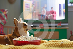 corgi with a bowl of popcorn, enthralled by a comedy series on television