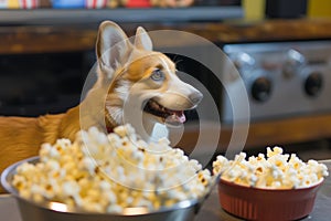 corgi with a bowl of popcorn, enthralled by a comedy series on television