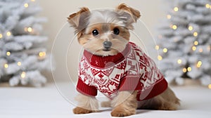 Corgi Christmas background. Xmas Welsh Corgi Pembroke dog portrait wearing Christmas red sweater for Christmas postcard