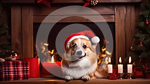 Corgi Christmas background. Xmas Welsh Corgi Pembroke dog portrait wearing Christmas red sweater for Christmas postcard