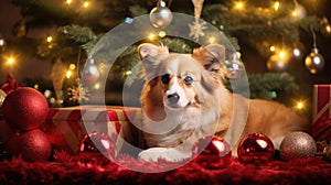 Corgi Christmas background. Xmas Welsh Corgi Pembroke dog portrait wearing Christmas red sweater for Christmas postcard