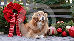 Corgi Christmas background. Xmas Welsh Corgi Pembroke dog portrait wearing Christmas red sweater for Christmas postcard