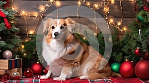 Corgi Christmas background. Xmas Welsh Corgi Pembroke dog portrait wearing Christmas red sweater for Christmas postcard