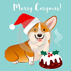 Corgi dog in Christmas Santa hat with fruitcake vector cartoon i