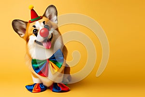 Corgi dog in clown costume with tongue sticking out on april 1 on bright yellow background