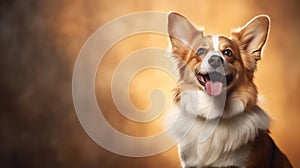 Corgi dog.Corgi dog portrait close up. Horizontal banner poster background. Copy space. Photo texture AI generated