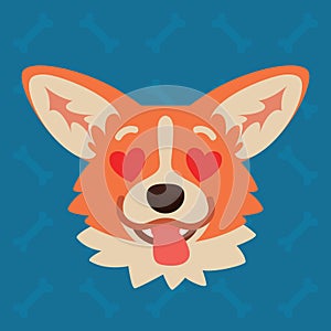 Corgi dog emotional head. Vector illustration of cute dog in flat style shows enamored emotion. In love emoji. Smiley