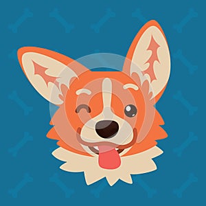 Corgi dog emotional head. Vector illustration of cute dog in flat style shows playful emotion. Blinking emoji. Smiley