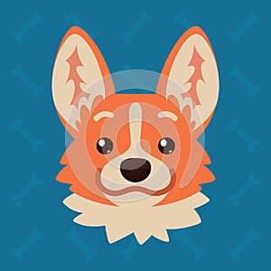 Corgi dog emotional head. Vector illustration of cute dog in flat style shows positive emotion. Smile emoji. Smiley icon