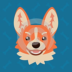 Corgi dog emotional head. Vector illustration of cute dog in flat style shows tricku emotion. Evil emoji. Smiley icon