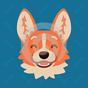 Corgi dog emotional head. Vector illustration of cute dog in flat style shows happy emotion. Laugh emoji. Smiley icon