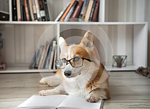 Corgi dog in glasses lying reading a book