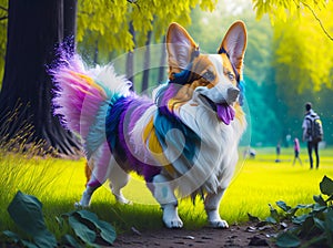 Corgi dog got dirty in paints, in the park. AI generated
