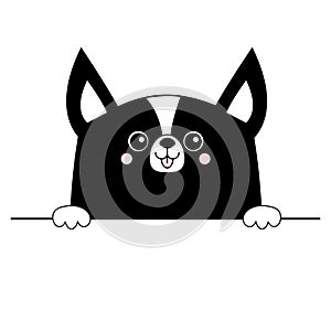 Corgi dog happy face head icon. Hands paw holding table line. Cute cartoon pooch character. Contour black silhouette. Kawaii anima