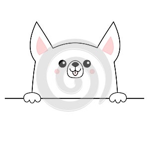Corgi dog happy face head icon. Hands paw holding table line. Cute cartoon pooch character. Contour silhouette. Kawaii animal. Fun