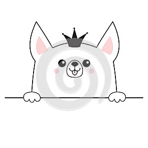 Corgi dog happy face head icon. Hands paw holding table line. Princess crown. Cute cartoon pooch character. Contour silhouette. Ka